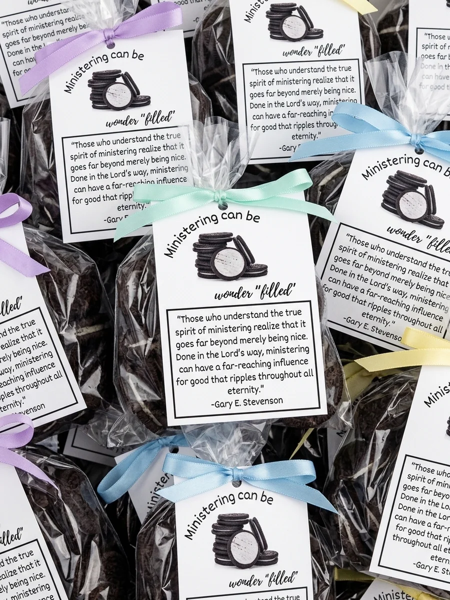 Ministering Can Be Wonder Filled gift tag preview, tied to bags of Oreo cookies